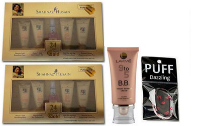 

Dazzling Eyelashes, Shahnaz Husain Gold Facial Kit (pack of 2) with lakme 9 to 5 bb bright benefit cream (Set of 4)(Set of 4)