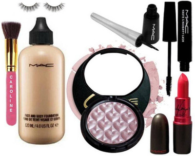 

CAROLINE makeup brush & Mac Face And Body Foundation, Selena Beauty Makeup IllUminator, Lady gaga Matte Finish Lipstick, eyelshes, Liquid Eyeliner & Haute Naughty Mascara(Set of 7)