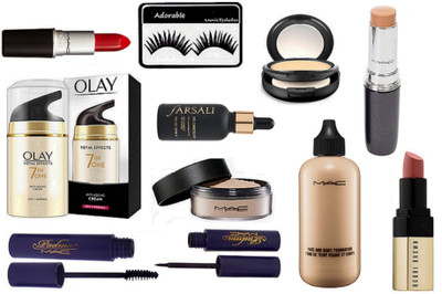 

Adorable eyelashes, total effects 7 in one anti cream, loose powder,liner & mascara, elixir ,compact, stick concealer,blood red shade lipstick, face and body foundation, nude shade lipstick(Set of 11)