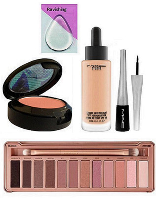 

ravishing silicon puff, Mac studio water weight foundation, eyeliner & blusher & Naked eye shadow 12 shades palette(Set of 5)