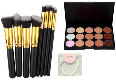 

divas beauty Silicon Puff & Makuep Brush Sets 8, Professional 15 Shades Concealer Palette(Set of 3)