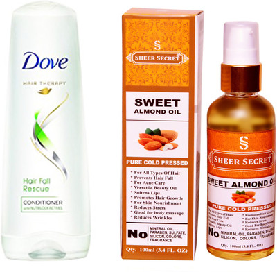 

SHEER SECRET SWEET ALMOND OIL 100ML (PURE COLD PRESSED) and DOVE 180 ML HAIRFALL RESCUE CONDITIONER(Set of 2)