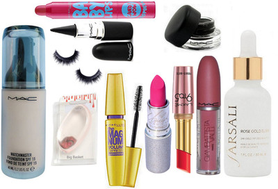 

big basket Silicon Puff & Mac Matchmaster Foundation & Stick Kaj & Padma Mascara & Gel Eyeliner & LAkme 9 To 5 Lipstick & Mac Lipstick & GAimbattista Vali Gloss & Farsali Face Serum & Baby Lipbalm & Eyelashes(Set of 11)