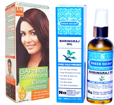 

SHEER SECRET BHRINGRAJ OIL 100 ML (PURE COLDPRESSED) and GARNIER HAIR COLOUR BOX BURGUNDY NO. 3.16(Set of 2)