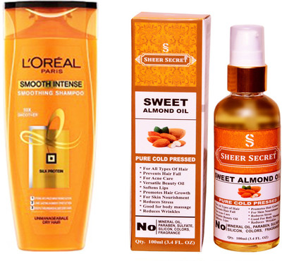 

SHEER SECRET SWEET ALMOND OIL 100 ML (PURE COLDPRESSED) and LOREAL SMOOTH INTENSE SHAMPOO 175ML(Set of 2)