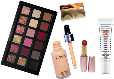 

Ultimate Eyelashes & Mac Studio Water Weight foundation & tinted Cream, Huda Beuty Rose Gold 18Shade Palette, Lakme 9To5 Lipstick(Set of 5)