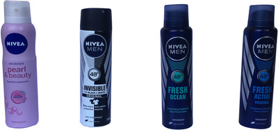 

Nivea FRESH ACTIVE PEARL & BEAUTY INVISIBLE AND FRESH OCEAN Body Spray - For Women(600 ml, Pack of 4)