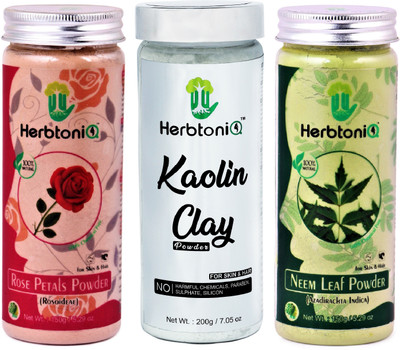 

HerbtoniQ 100% Natural Rose Petals Powder 150g, Kaolin Clay Powder 200g, Neem Leaf Powder 150g For Face Pack And Hair Pack (Pack Of 3)(500 g)