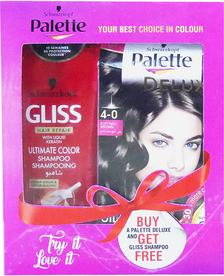 

Schwarzkopf Palette Deluxe Oil Care Color- 4-0 Soft Mid Brown & Get Free Gliss Hair Repair Liquid Keratin Ultimate Color Shampoo 250 ml) Hair Color(Soft Mid Brown)