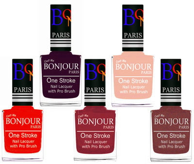 

Bonjour Paris Stylish Nail Polish Set of 5 Pcs 01-02-03-24-37 Orange-Plum-Maroon-Off Pink-Pink Coper(Pack of 5)