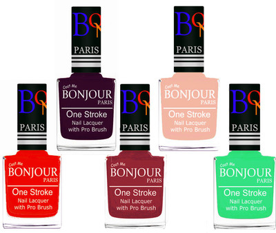 

Bonjour Paris Stylish Nail Polish Set of 5 Pcs 01-02-03-24-47 Orange-Plum-Maroon-Off Pink-Neon Green(Pack of 5)
