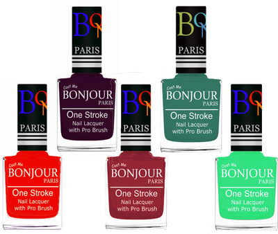 

Bonjour Paris Stylish Nail Polish Set of 5 Pcs 01-02-03-42-47 Orange-Plum-Maroon-Sky Blue-Neon Green(Pack of 5)