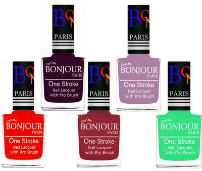 

Bonjour Paris Stylish Nail Polish Set of 5 Pcs 01-02-03-28-47 Orange-Plum-Maroon-Light Purple-Neon Green(Pack of 5)