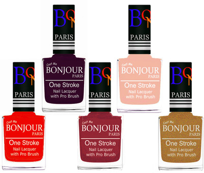 

Bonjour Paris Stylish Nail Polish Set of 5 Pcs 01-02-03-24-43 Orange-Plum-Maroon-Off Pink-Golden Shimmer(Pack of 5)