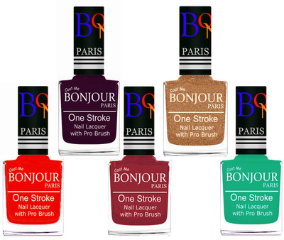 

Bonjour Paris Stylish Nail Polish Set of 5 Pcs 01-02-03-39-44 Orange-Plum-Maroon-Coper-Pink,Green(Pack of 5)