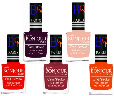 

Bonjour Paris Stylish Nail Polish Set of 5 Pcs 01-02-03-24-46 Orange-Plum-Maroon-Off Pink-Neon Orange(Pack of 5)