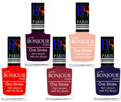 

Bonjour Paris Stylish Nail Polish Set of 5 Pcs 01-02-03-24-29 Orange-Plum-Maroon-Off Pink-Blue(Pack of 5)