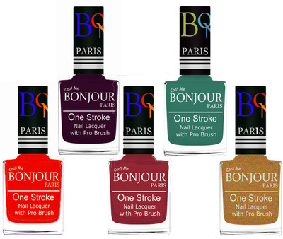 

Bonjour Paris Stylish Nail Polish Set of 5 Pcs 01-02-03-42-43 Orange-Plum-Maroon-Sky Blue-Golden Shimmer(Pack of 5)