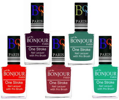 

Bonjour Paris Stylish Nail Polish Set of 5 Pcs 01-02-03-42-44 Orange-Plum-Maroon-Sky Blue-Pink,Green(Pack of 5)