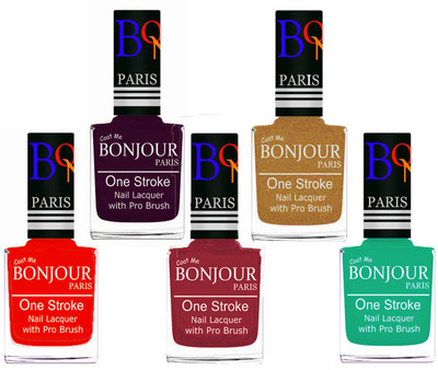 

Bonjour Paris Stylish Nail Polish Set of 5 Pcs 01-02-03-43-44 Orange-Plum-Maroon-Golden Shimmer-Pink,Green(Pack of 5)