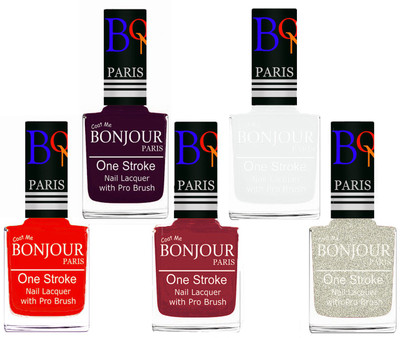 

Bonjour Paris Stylish Nail Polish Set of 5 Pcs 01-02-03-19-38 Orange,Plum,Maroon,White,Glitter White(Pack of 5)