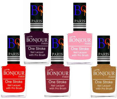

Bonjour Paris Stylish Nail Polish Set of 5 Pcs 01-02-03-30-43 Orange-Plum-Maroon-Baby Pink-Golden Shimmer(Pack of 5)