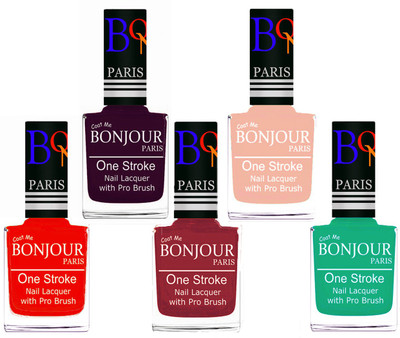 

Bonjour Paris Stylish Nail Polish Set of 5 Pcs 01-02-03-24-44 Orange-Plum-Maroon-Off Pink-Pink,Green(Pack of 5)