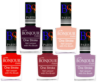 

Bonjour Paris Stylish Nail Polish Set of 5 Pcs 01-02-03-24-28 Orange-Plum-Maroon-Off Pink-Light Purple(Pack of 5)