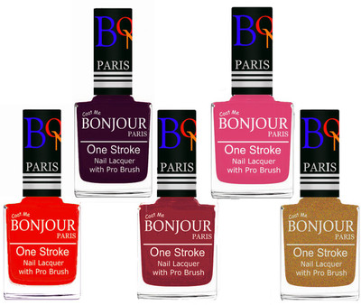 

Bonjour Paris Stylish Nail Polish Set of 5 Pcs 01-02-03-10-43 Orange,Plum,Maroon,Peach,Golden Shimmer(Pack of 5)