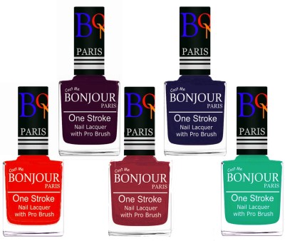 

Bonjour Paris Stylish Nail Polish Set of 5 Pcs 01-02-03-29-44 Orange-Plum-Maroon-Blue-Pink,Green(Pack of 5)