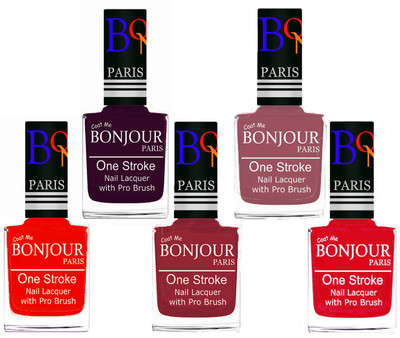 

Bonjour Paris Stylish Nail Polish Set of 5 Pcs 01-02-03-05-45 Orange,Plum,Maroon,Nude,Royal Pink(Pack of 5)