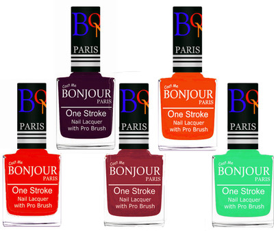 

Bonjour Paris Stylish Nail Polish Set of 5 Pcs 01-02-03-46-47 Orange-Plum-Maroon-Neon Orange-Neon Green(Pack of 5)