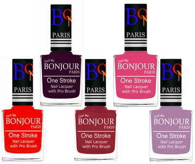 Bonjour Paris Stylish Nail Polish Set of 5 Pcs 01-02-03-10-28 Orange,Plum,Maroon,Peach,Light Purple(Pack of 5)