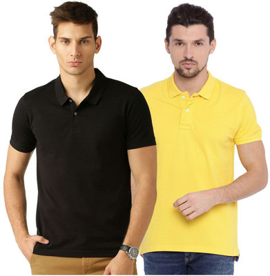 Galatea Solid Men Polo Neck Black, Yellow T-Shirt