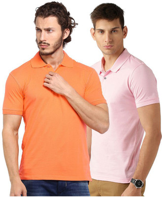 Galatea Solid Men Polo Neck Pink, Orange T-Shirt