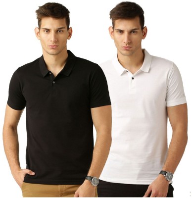 Galatea Solid Men Polo Neck White, Black T-Shirt