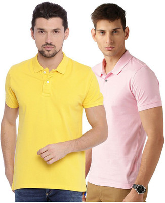 Galatea Solid Men Polo Neck Pink, Yellow T-Shirt
