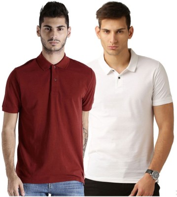 Galatea Solid Men Polo Neck White, Maroon T-Shirt