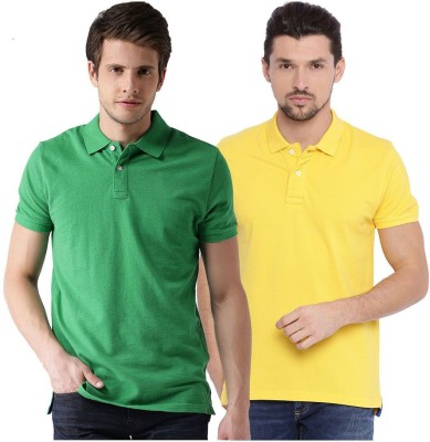 Galatea Solid Men Polo Neck Green, Yellow T-Shirt