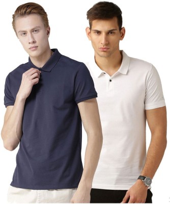 Galatea Solid Men Polo Neck White, Blue T-Shirt