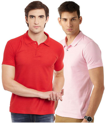 Galatea Solid Men Polo Neck Red, Pink T-Shirt