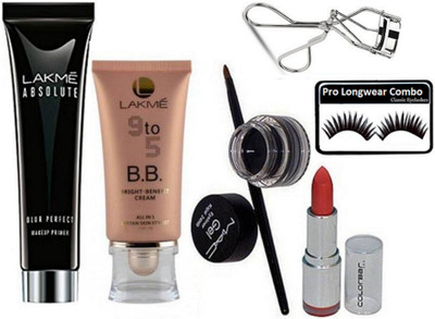 

Pro Longwear combo Eyelashes,Lakme Absolute Blur Perfact Primer,9to5 BB Cream,Eyelashes Curler,Colorbar Lipstick(set of 5)(Set of 5)