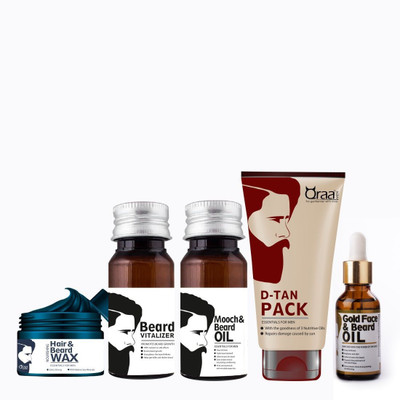 

Qraa Mooch & Beard Oil 100g+Beard Vitalizer 30ml+DTan Pack for Men120g+Nourishing Hair & Beard WAX(Bl)100g+Gold Face Beard Oil30ml(Set of 5)