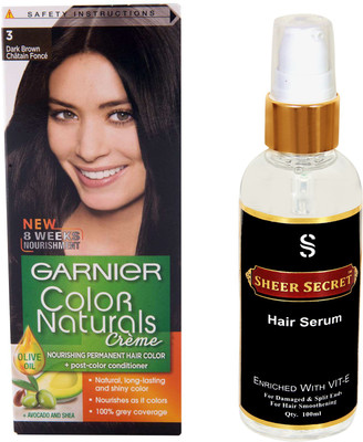 

SHEER SECRET HAIR SERUM 100ML and GARNIER COLOR NATURALS DARK BROWN HAIR COLOUR NO. 3(Set of 2)