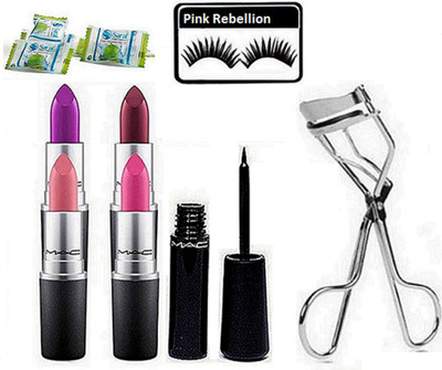 

Pink Rebellion Eyelashes & Mac matte finish Lipstick 4 Shade & Liquid last Eyeliner & Magic Napkin 2 With Eyelashes Curler(Set of 10)