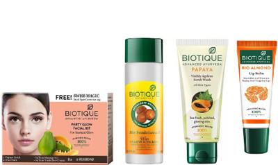 

BIOTIQUE BIO Party Glow Facial Kit, Bio Sandalwood 50+ Spf Sunscreen Ultra Soothing Face Lotion, Bio Papaya Exfoliating Face Wash, LIP CARE(Set of 4)