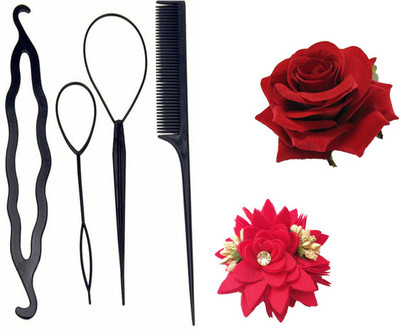 

KYT Combo Red Fabric Rose Flower Hair Clip For Women/rose clip / velvet flower clip & diy kit tools for girl hair styling all in one combo(Set of 6)