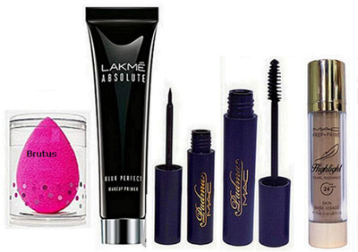 

BRUTUS Silicon Puff,Lakme Absolute Blur Perfect Makeup Primer&Mac Perp+Prime Highlight Foundation & Padma Candy Liner & Mascara (Set of 5)(Set of 5)