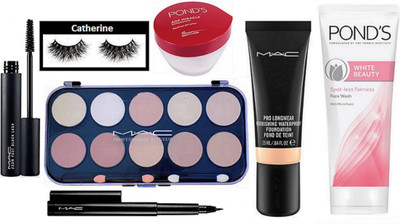 

catherine eyelashes, Mac 10 shade concealer palette, Liquid eyeliner and zoom lash mascara, mac pro lonwear nourishing foundation, ponds age miracle wrinkle corrector day cream and white beauty spot-less face wash(Set of 7)