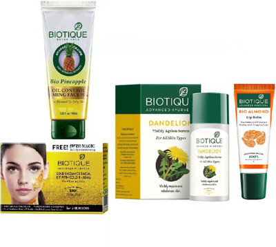 

BIOTIQUE BIO Gold Radiance Facial Kit, Bio Pineapple Oil Control Foaming Face Wash, Bio Dandelion Ageless Lightening Serum, LIP CARE(Set of 4)